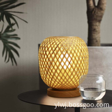 Bamboo Lampshade Bedside Table Lamp Wooden Base BedroomLamp